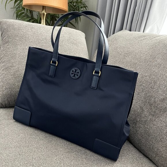 NWT TORY BURCH 136144 ELLA NYLON TOTE NAVY BLUE LARGE SHOULDER BAG - Picture 2 of 7